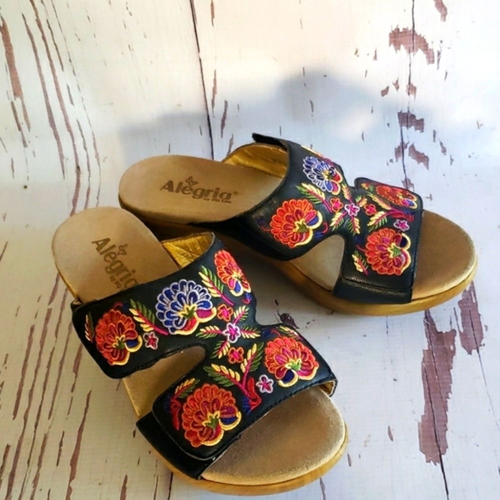 Alegria Floral Embroidery Multicolor Platforms Open Toe Sandals Size 40